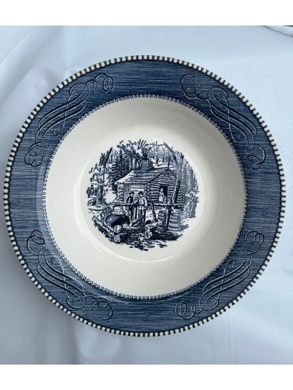 Currier & Ives Maple Sugaring Soup Bowl Blue White Vintage Made In USA 9"